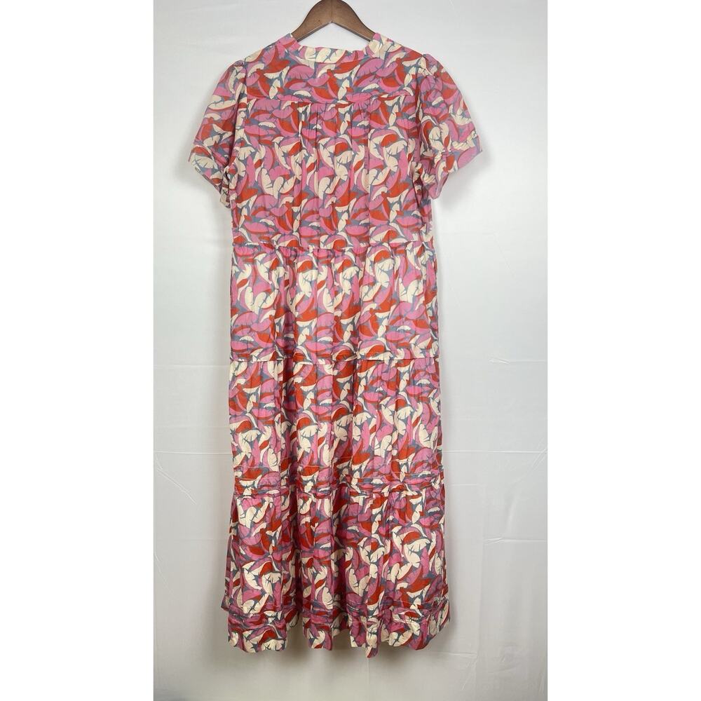 Birds of Paradis by TROVATA Pink Tropical Print Tiered Boho Midi Dress L - Picture 11 of 12